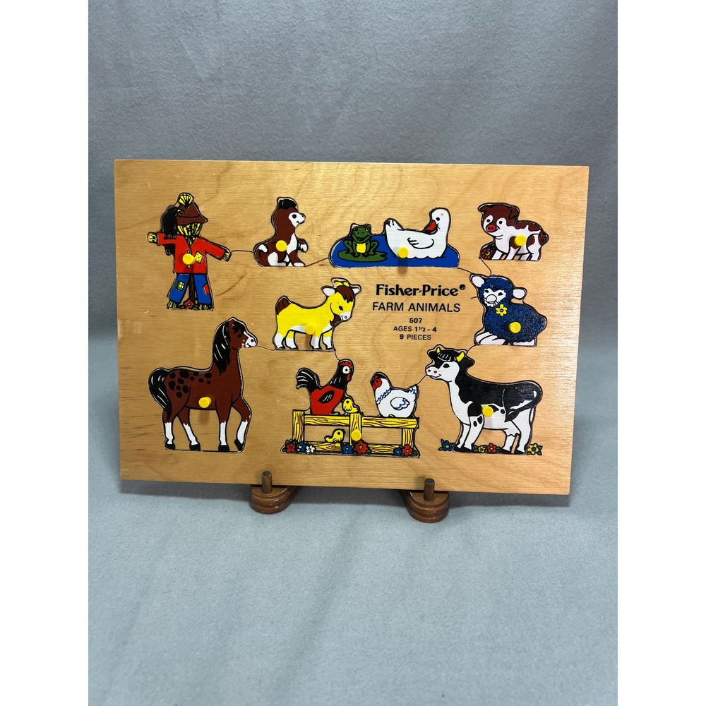 Fisher-Price Farm Animals Wood Peg Tray Puzzle #507 70s Vintage GenX Nostalgia